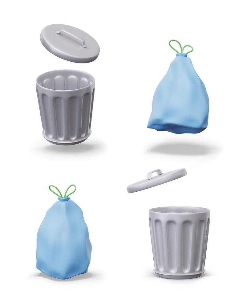 Round metal trash can with lid, trash bag with ties. Open aluminum container for household waste vector