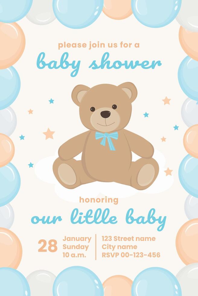 Baby shower invitation card for baby and kids new born celebration. Greeting card with teddy bear. It's a boy. New born celebration. Template of newborn's party invitation. vector