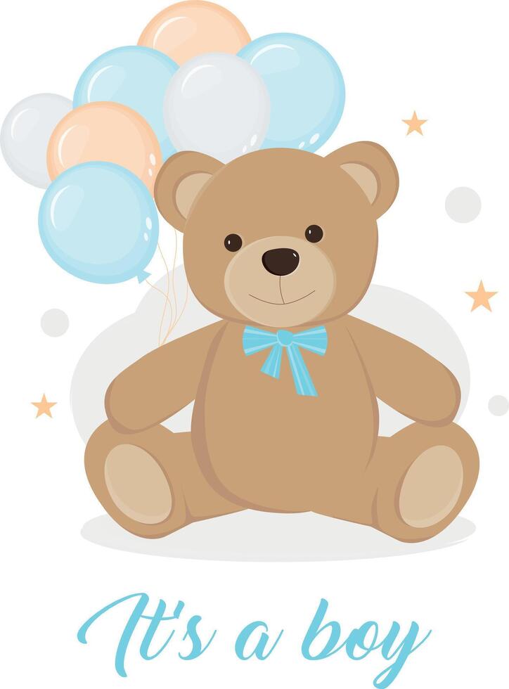 Cute teddy bear with blue bow and balloons. Bear plush toy. It's a boy concept. Composition for birthday card, invitation, party, baby shower, cover, banner. Illustration on white background. vector