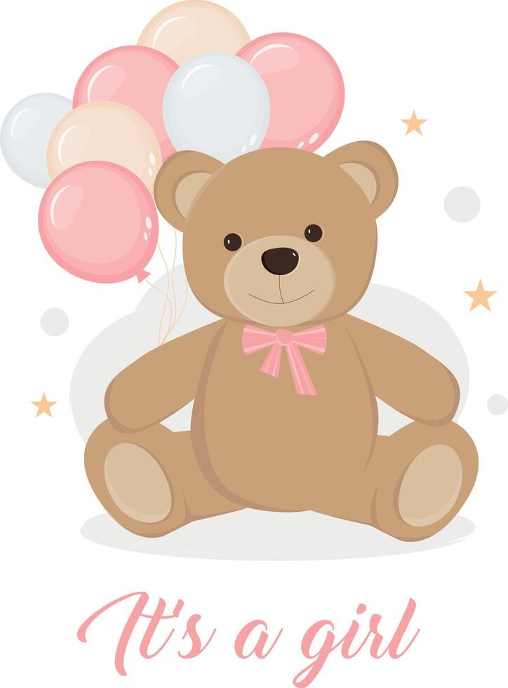 Cute teddy bear with pink bow and balloons. Bear plush toy. It's a girl concept. Composition for birthday card, invitation, party, baby shower, cover, banner. Illustration on white background. vector