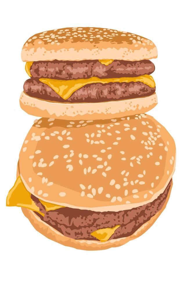 Chesee burger double patty with sesame seed Bun on white background vector