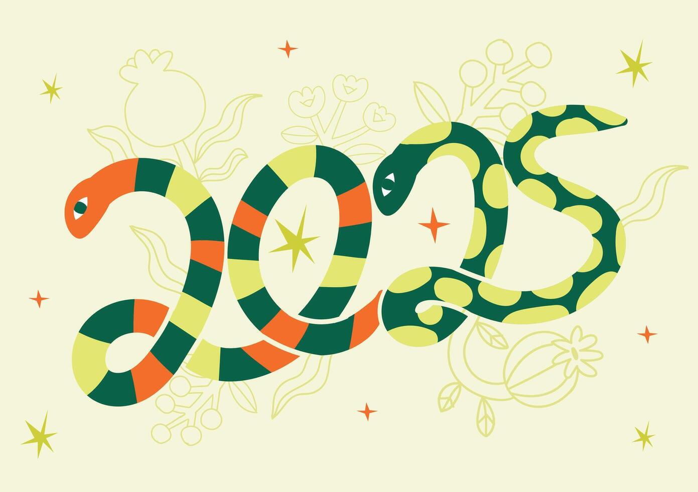 Vibrant Snake Illustration for Year Celebration Cards with Vibrant Patterns 2025 Yellow vector