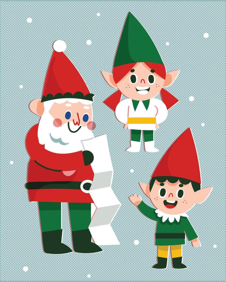 Vibrant Illustrations of Santa and Elves Spreading Christmas Cheer with Presents vector