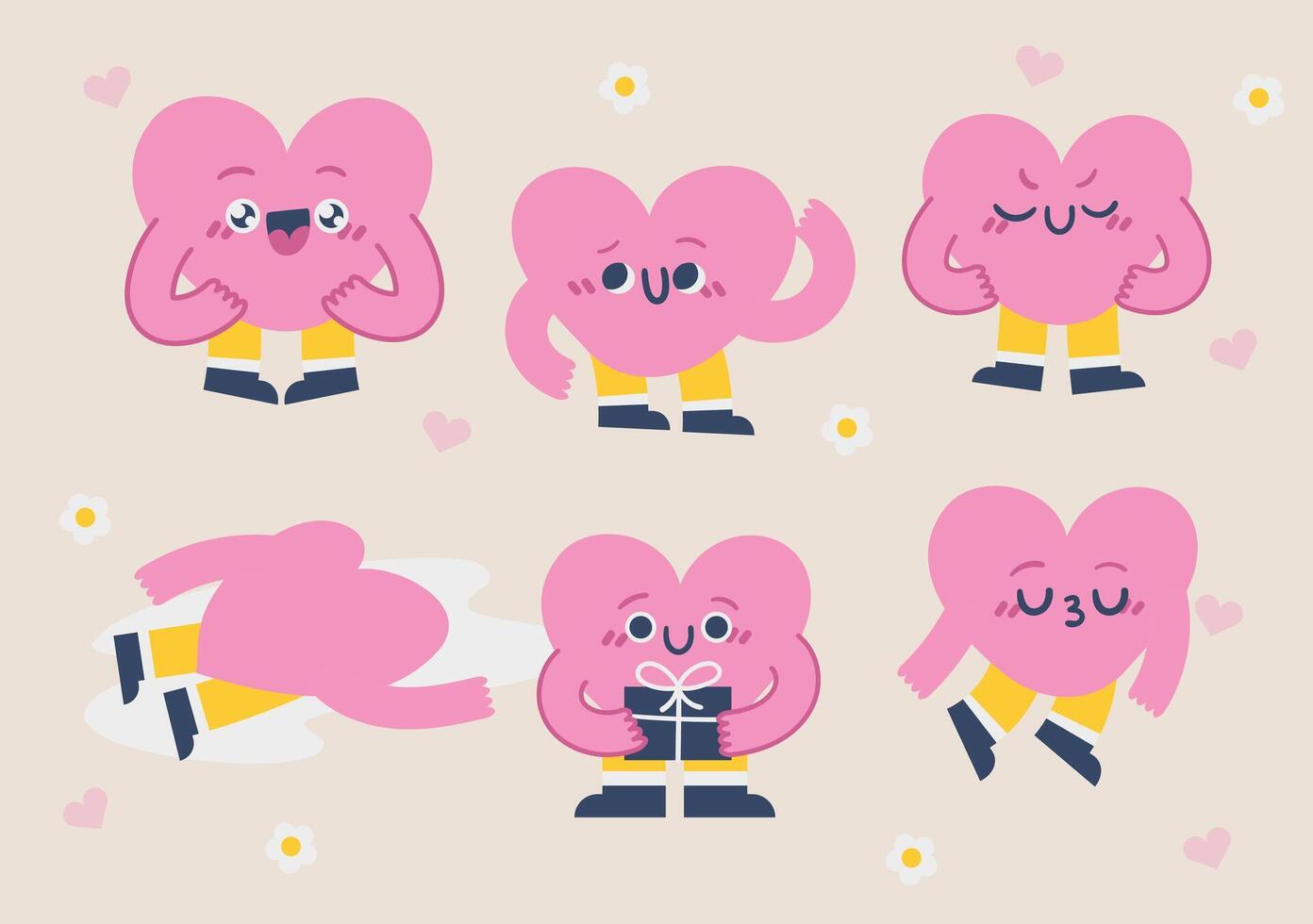 Charming Pink Heart Characters with a Variety of Emotions and Fun Poses vector