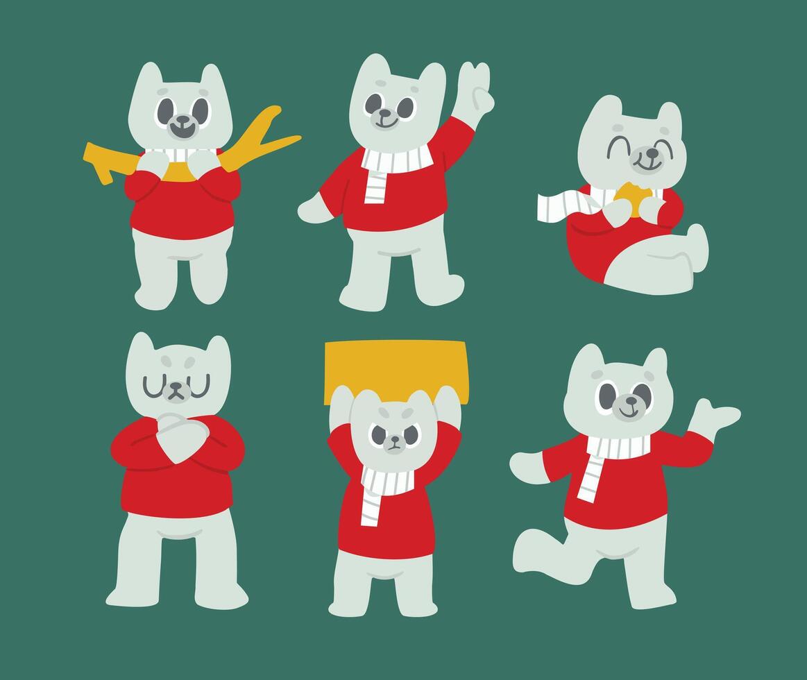 Festive Polar Bear Artwork with Red Scarves and Playful Expressions vector
