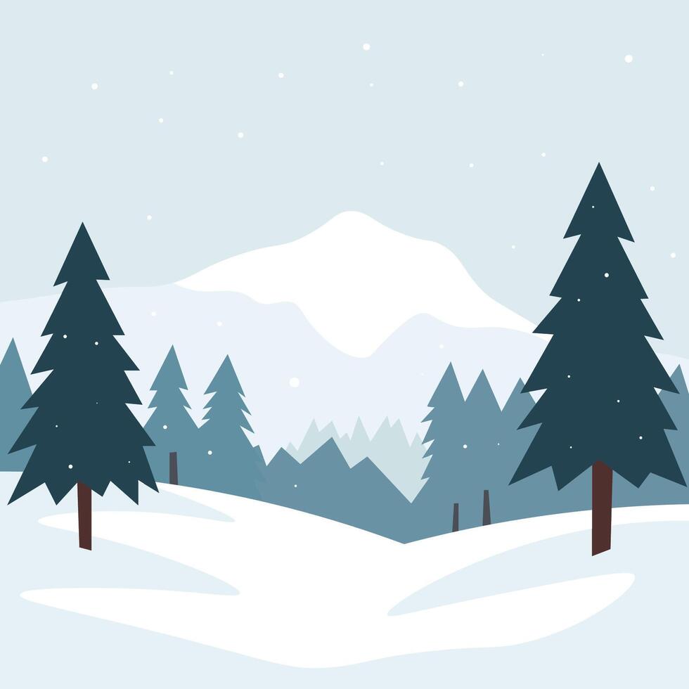 A serene winter landscape featuring snow-covered hills, tall evergreen trees, and a pale sun rising over distant mountains, with gentle snowfall adding to the tranquil scene. vector