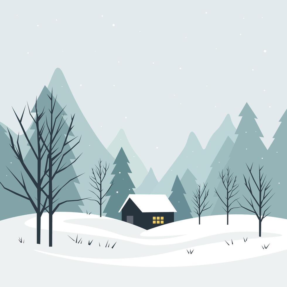 A serene winter landscape featuring snow-covered hills, tall evergreen trees, and a pale sun rising over distant mountains, with gentle snowfall adding to the tranquil scene. vector