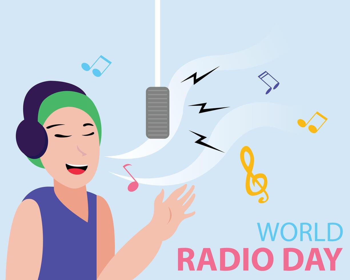 illustration graphic of a man is singing in the studio, perfect for international day, world radio day, celebrate, greeting card, etc. vector