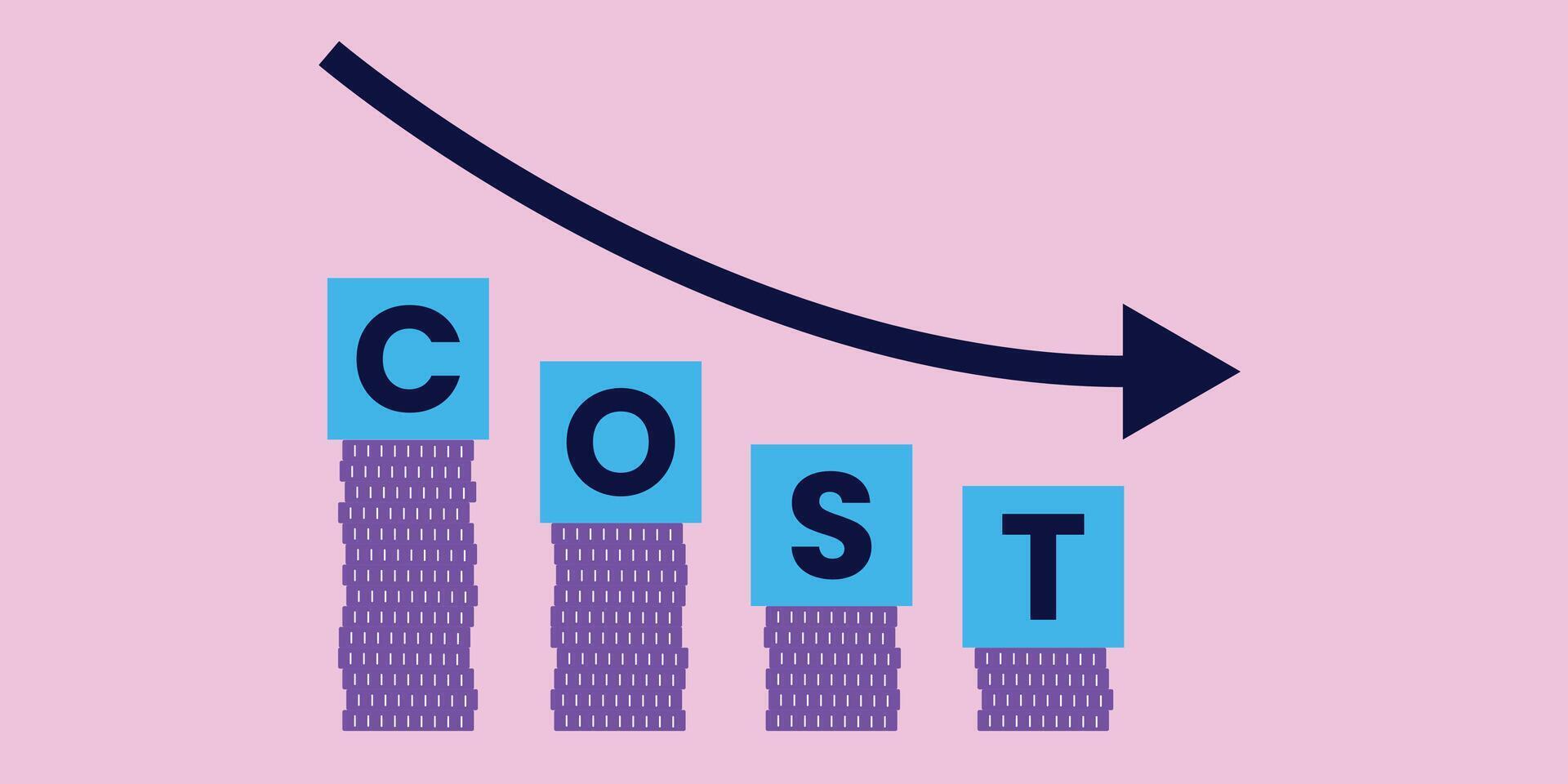 Cost reduction illustration with stacked coins and downward arrow. Symbolizing cost reduction, efficiency, and financial savings. vector
