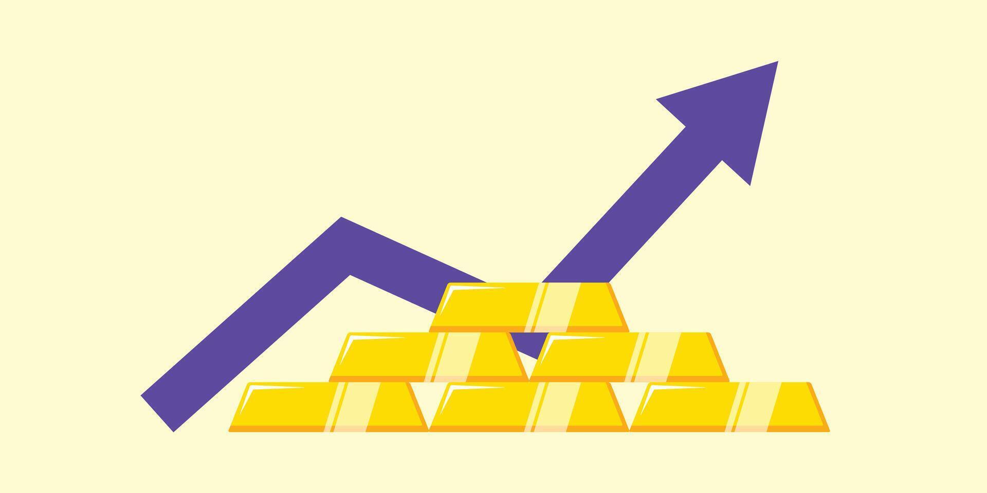 Illustration of gold bars and purple arrows rising on a light background, symbolizing financial success, investment growth and wealth accumulation. vector