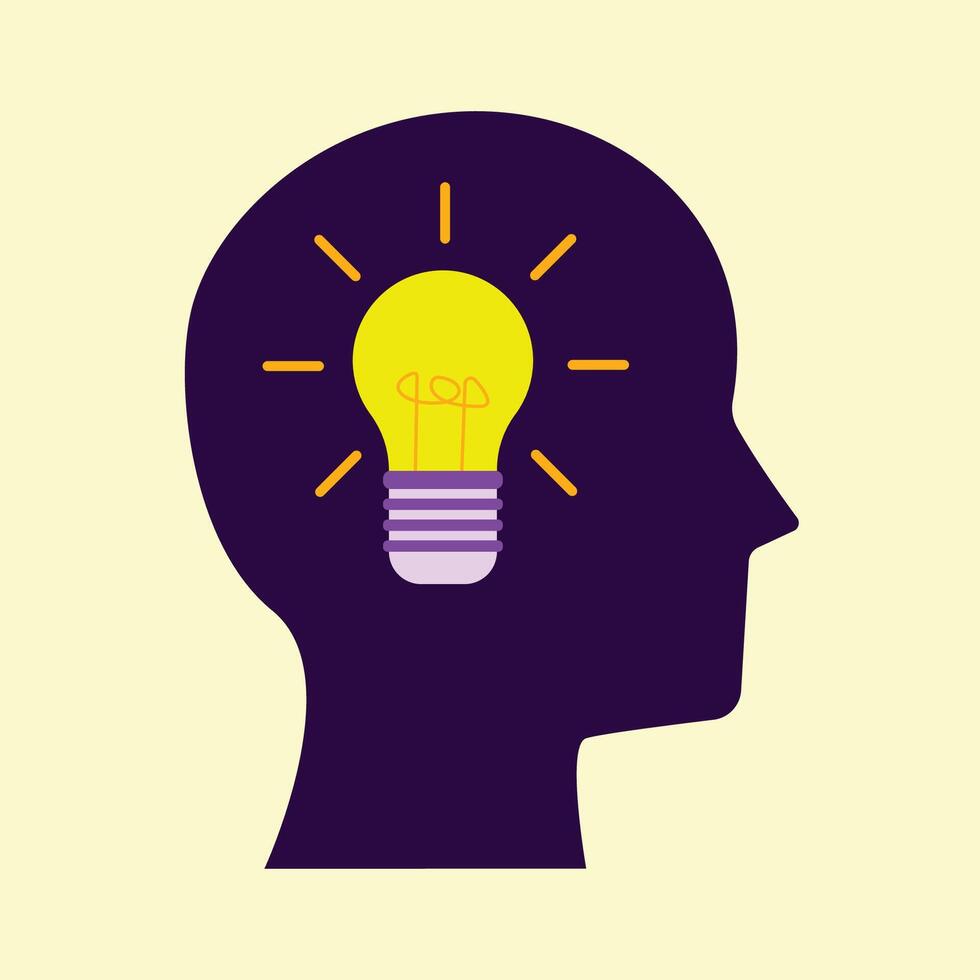 A minimalist illustration of a glowing light bulb inside a human head silhouette on a yellow background, representing innovation, creativity, and brainstorming. vector