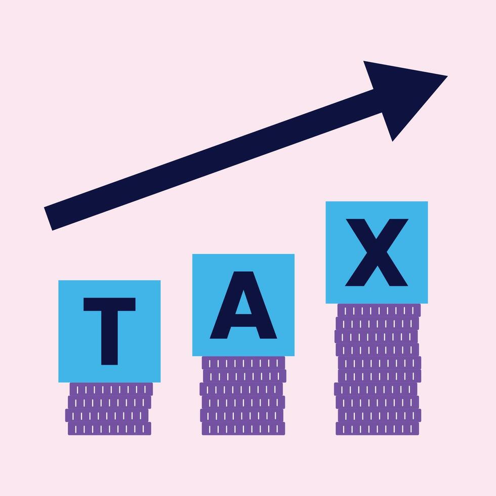 Illustration of a tax growth concept featuring an upward arrow, blue tax blocks, and stacks of purple coins symbolizing increasing financial obligations. vector