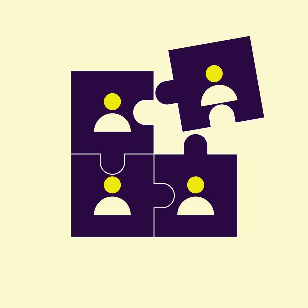 Illustration of four human icons on purple puzzle pieces, representing team members, connection, and collaboration on a light yellow background. vector