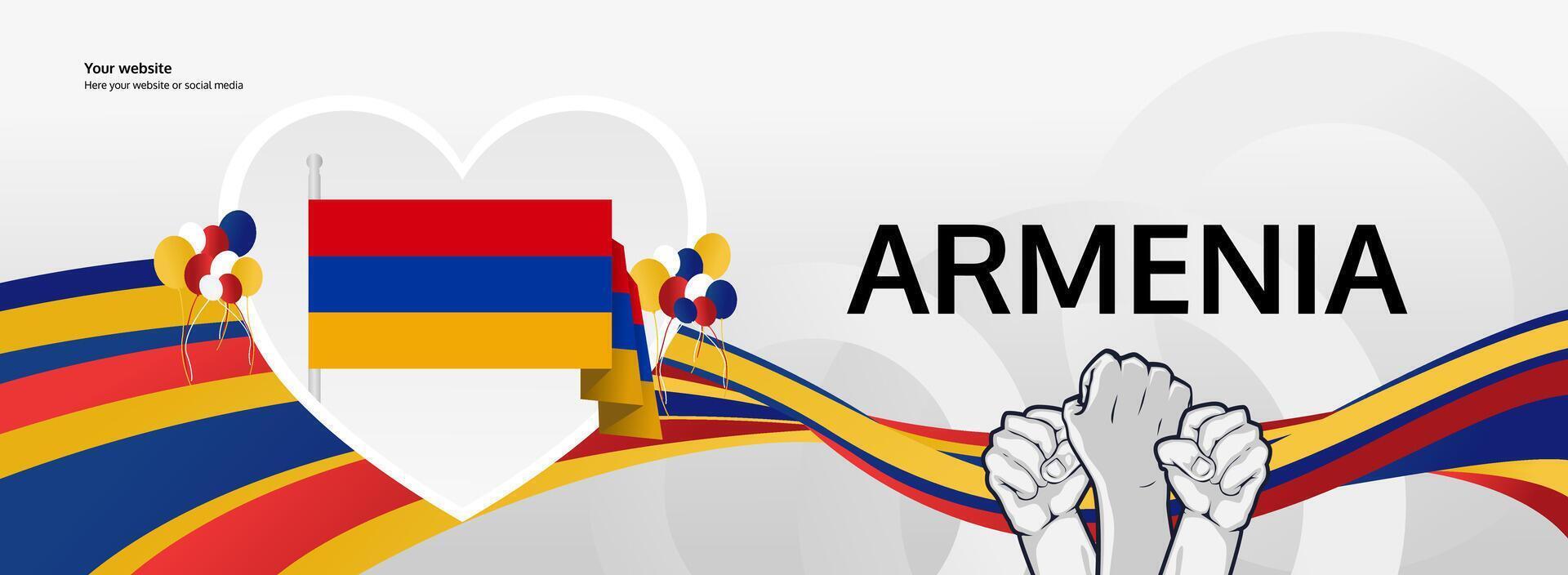 In honor of September 21, a horizontal banner with the Armenian national flag and outstretched hands is displayed. Happy Independence Day, Armenia vector