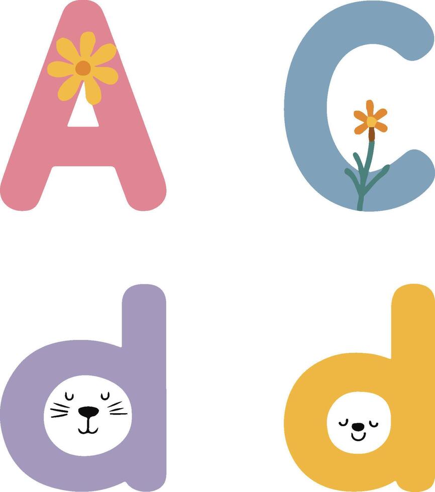 Cute alphabet letters colorful cartoon typography floral and animal motifs. vector