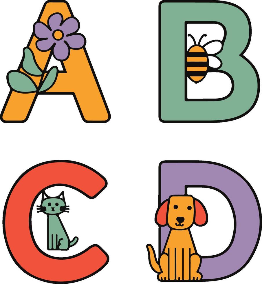 Colorful alphabet letters cute illustrated animals and objects cartoon style. vector