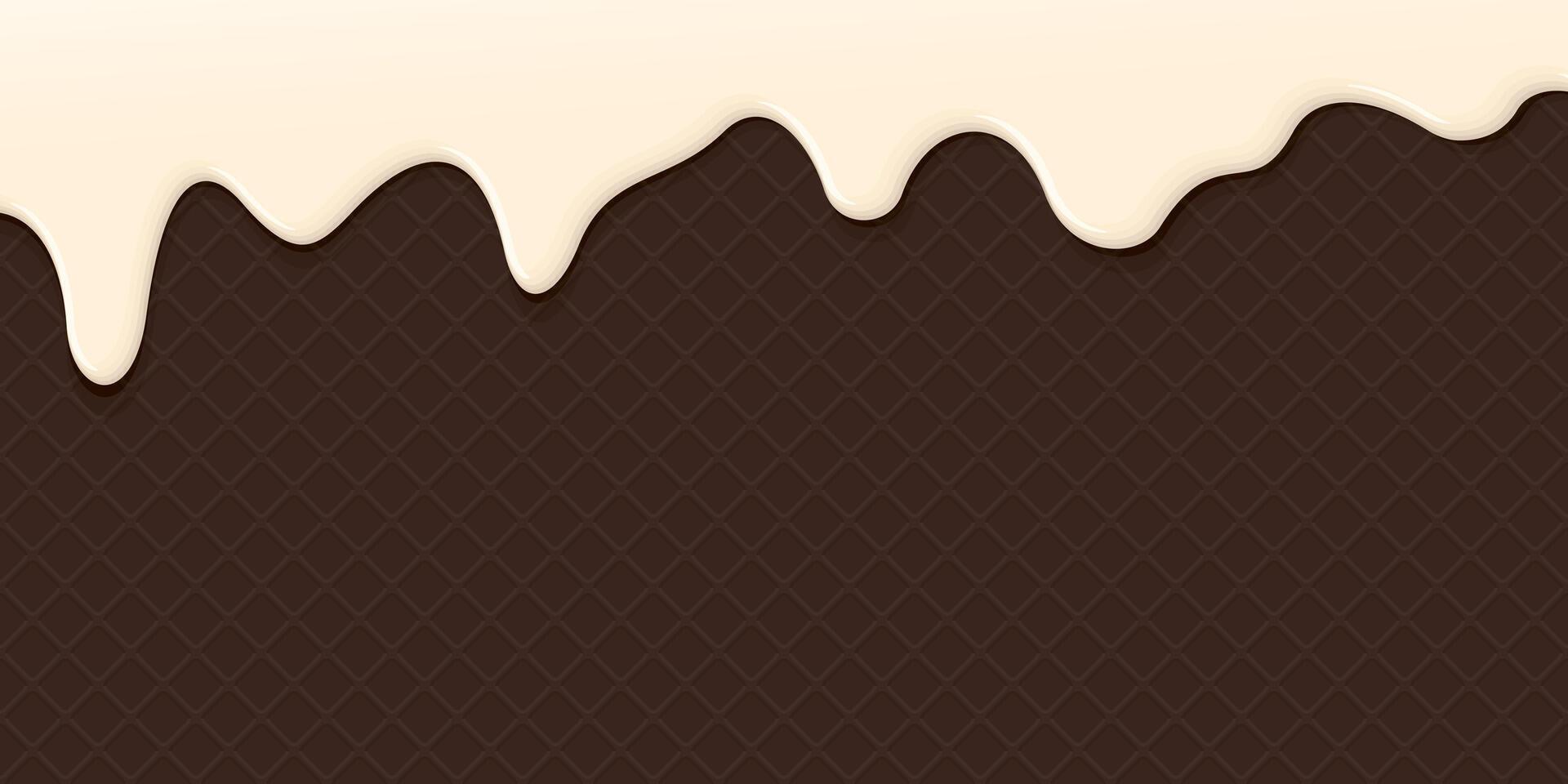 Melted white chocolate pouring on chocolate wafer pattern background graphic illustration. vector