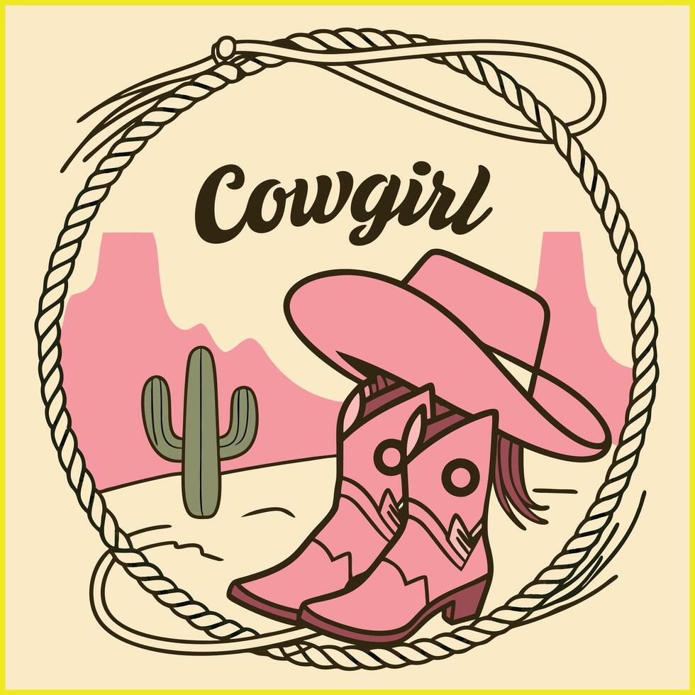 cowgirl cowboy boots and hat in a circle with the word cowgirl vector