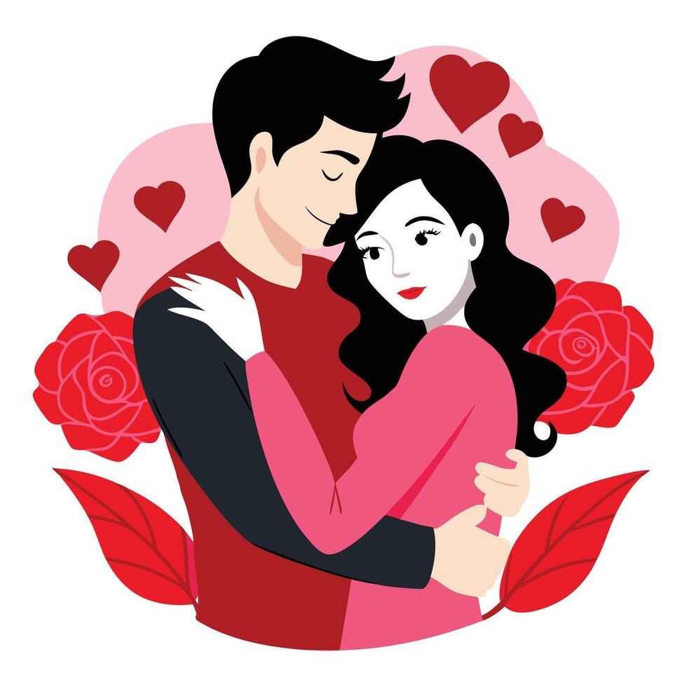 couple hugging with roses and hearts vector