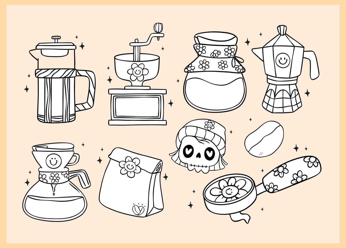 Group of Cute Groovy Retro Cooffee Equipment Coloring Image Doodle Hand Drawn, grinder, pourover, bean, bag, drip, espresso, press vector