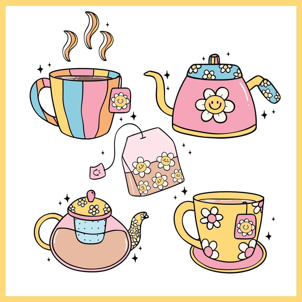 Group of Cute Groovy Retro Tea pot and Tea cup Doodle Hand Drawn vector
