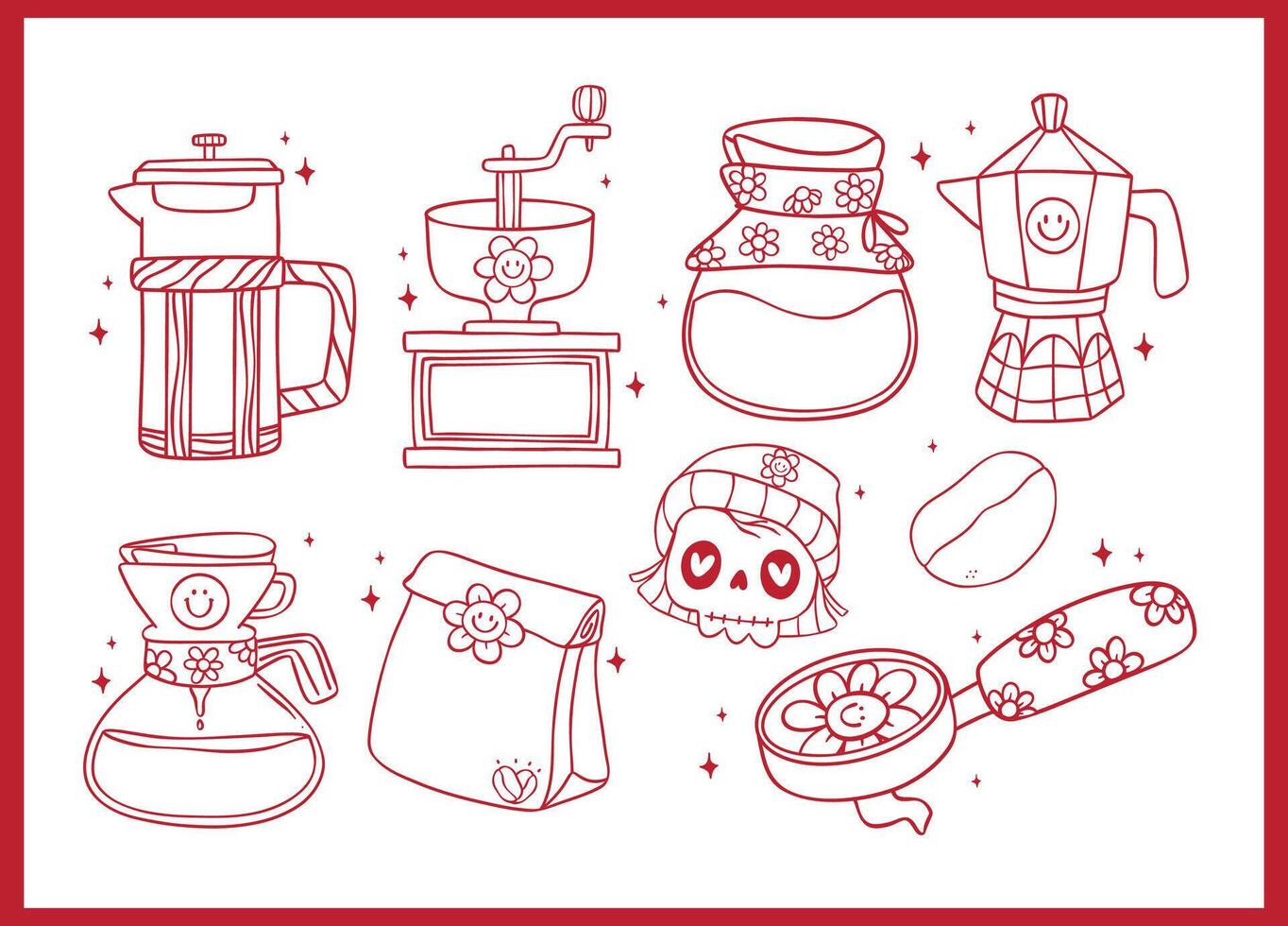 Group of Cute Groovy Retro Coffee Equipment Outline Doodle Hand Drawn, grinder, pour over, bean, bag, drip, espresso, press vector