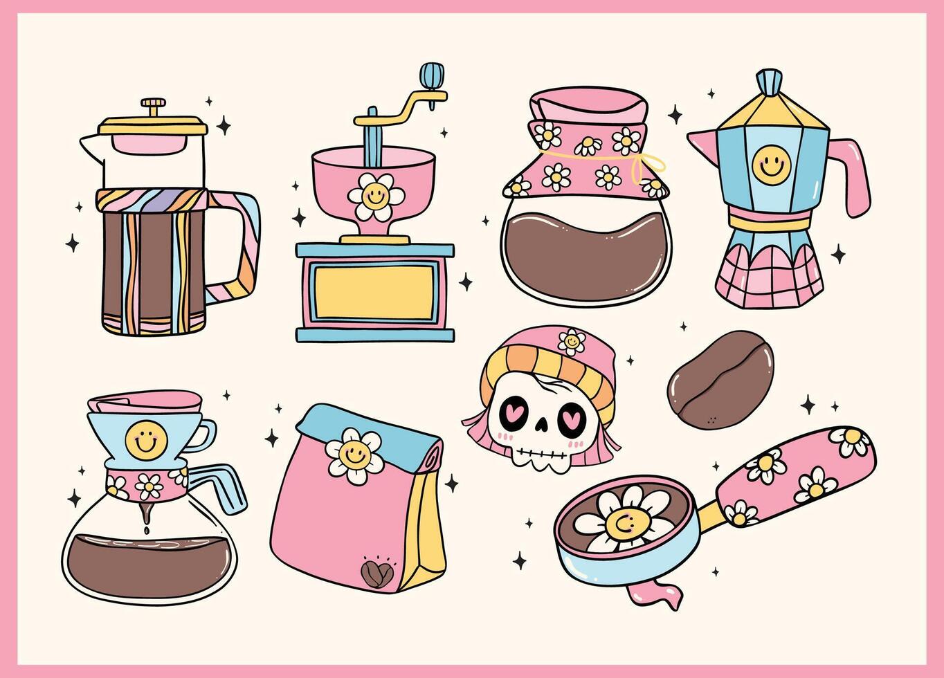 Group of Cute Groovy Retro Coffee Equipment Doodle Hand Drawn, grinder, pour over, bean, bag, drip, espresso, press vector