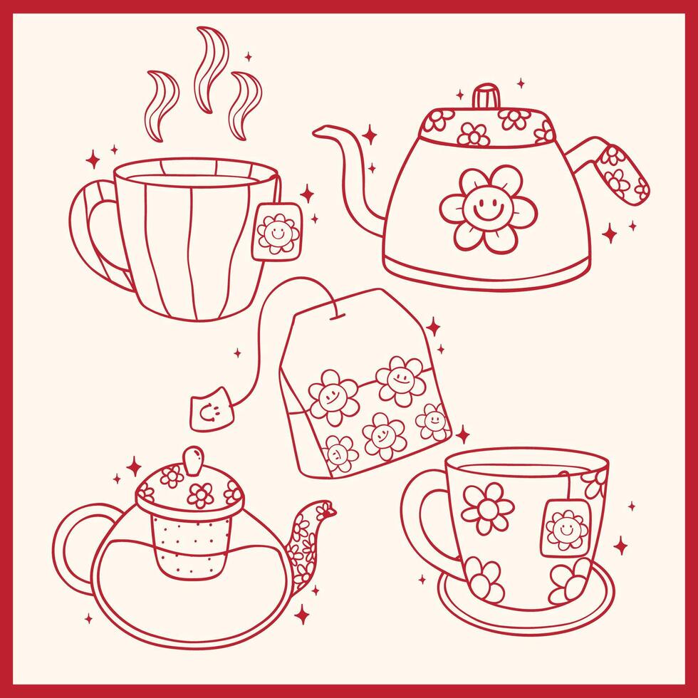 Group of Cute Groovy Retro Tea pot and Tea cup Doodle Outline Hand Drawn vector