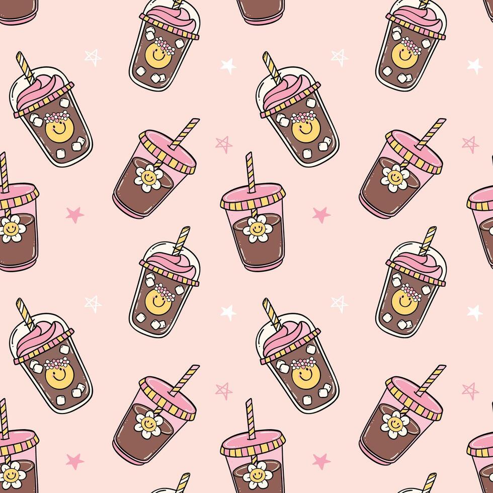 Cute Groovy Retro Iced Coffee Seamless Pattern Isolated on Background vector