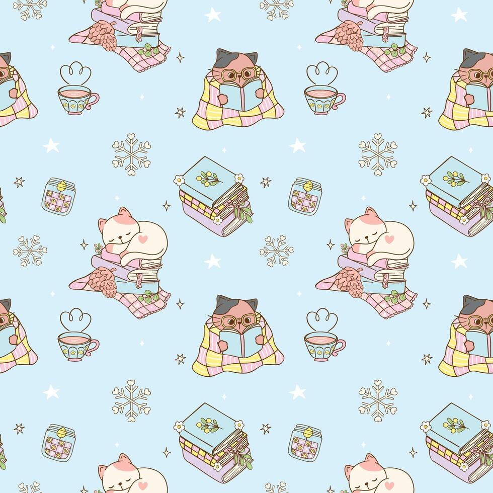 Cute Groovy Retro Winter Bookish Cat Reading Seamless Pattern Hand Drawn Cartoon vector