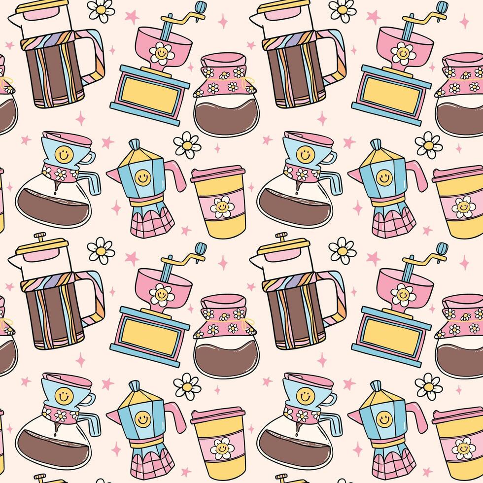 Cute Groovy Retro Coffee specialty Seamless Pattern Isolated on Background vector