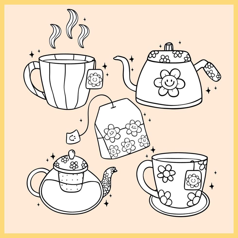 Group of Cute Groovy Retro Tea pot and Tea cup Doodle Hand Drawn Coloring Image Black and White vector