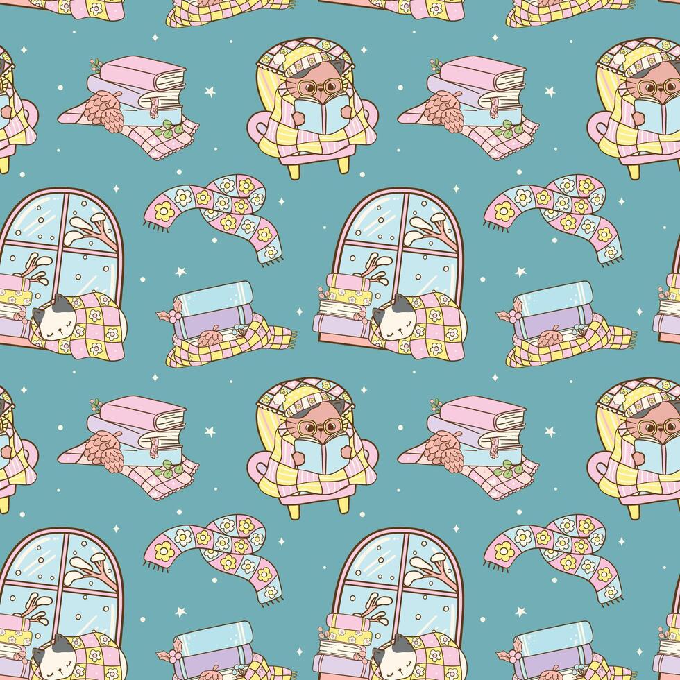 Pastel Groovy Retro Winter Bookish Cat Reading Seamless Pattern Hand Drawn Cartoon vector