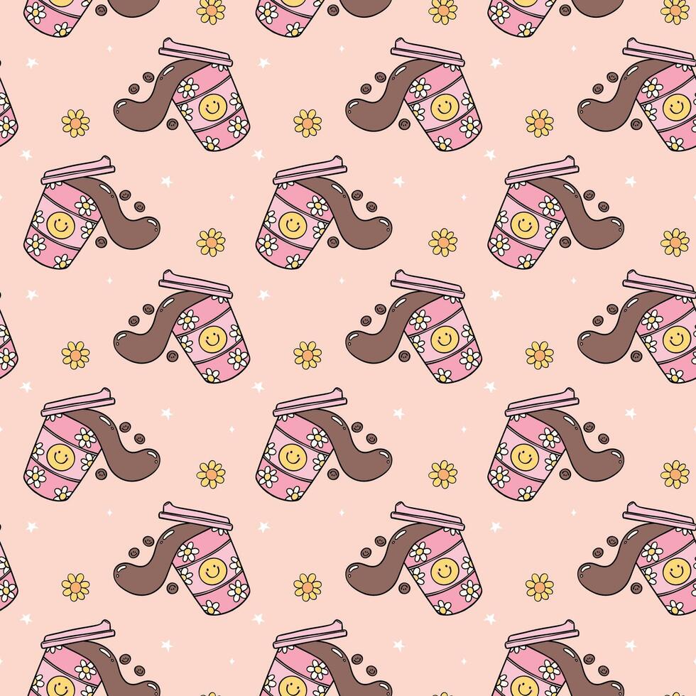 Cute Groovy Retro Coffee Cup Take Away Seamless Pattern Isolated on Background vector