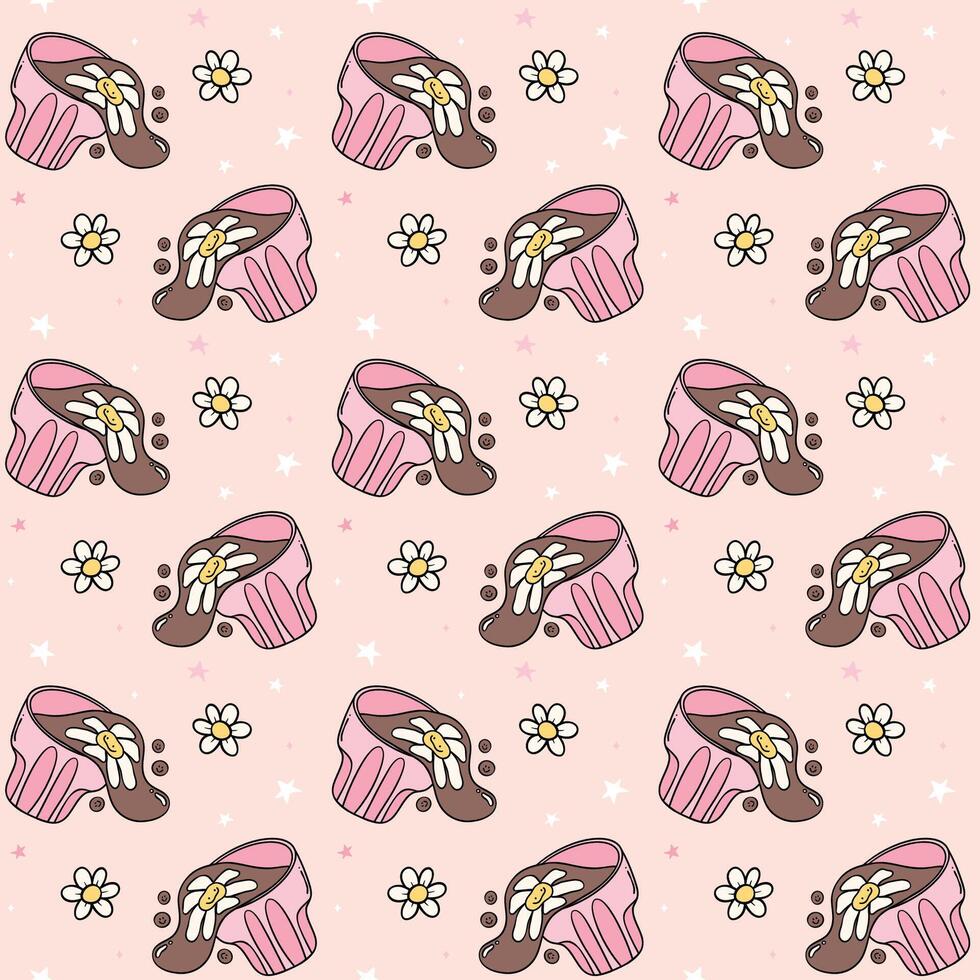 Cute Groovy Retro Coffee cups Spilled Latte Seamless Pattern Isolated on Background vector