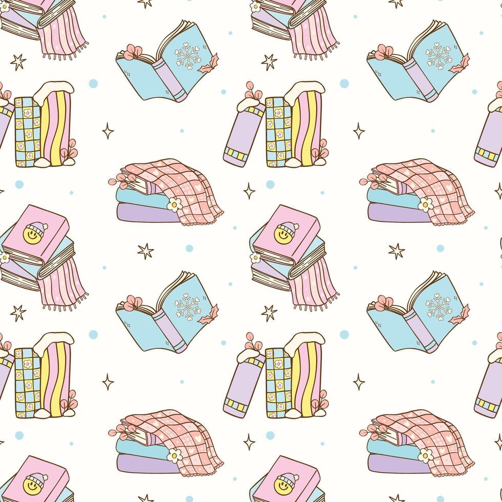 Pastel Groovy Retro Winter Bookish books Seamless Pattern Hand Drawn Cartoon vector