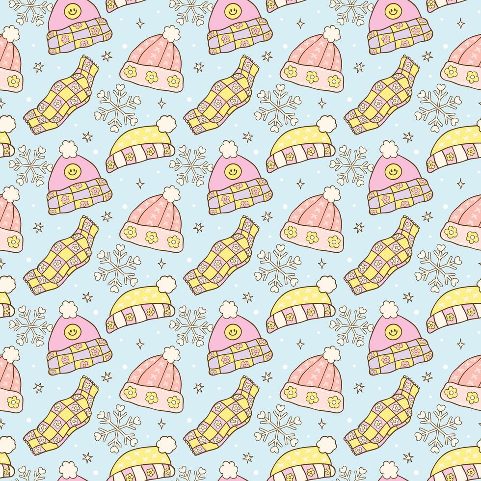 Cute Groovy Retro Winter Beanie Hat Seamless Pattern with Hand Drawn Cartoon Design vector