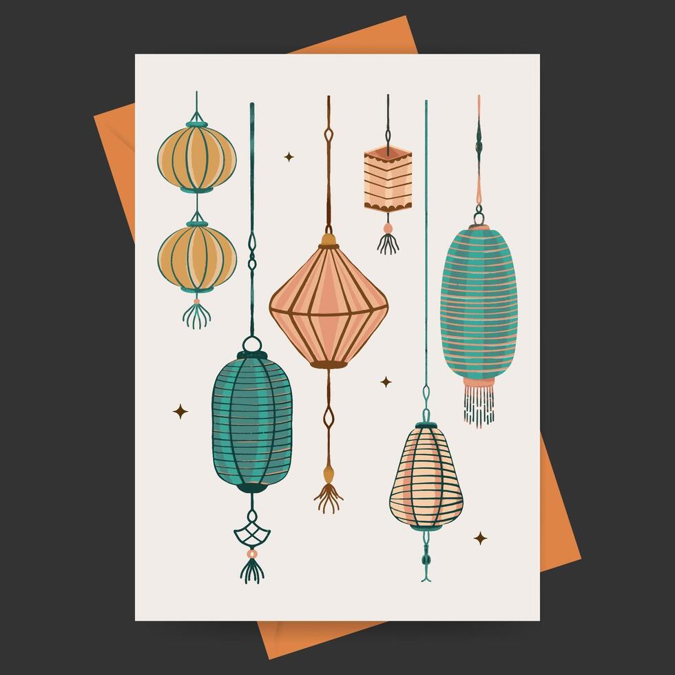 Chinese new year with various lanterns ornament. Design template for poster, greeting card, banner. vector