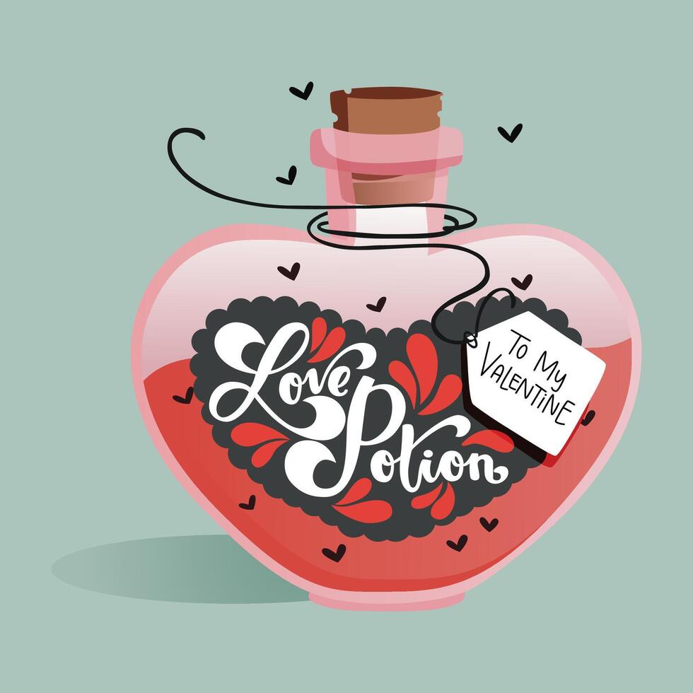 Love potion set in flat design. Love potion bottle with heart inside. Love element. Valentine element clipart in cartoon style isolated on white background. vector