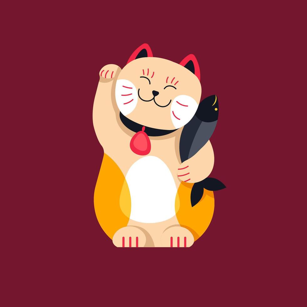Cheerful lucky cat with fish vector
