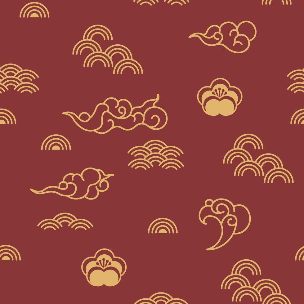 Asian Clouds Flowers Seamless Pattern vector