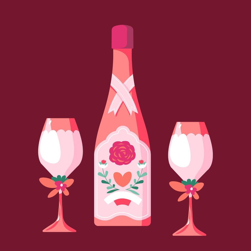 Romantic champagne bottle and glasses vector