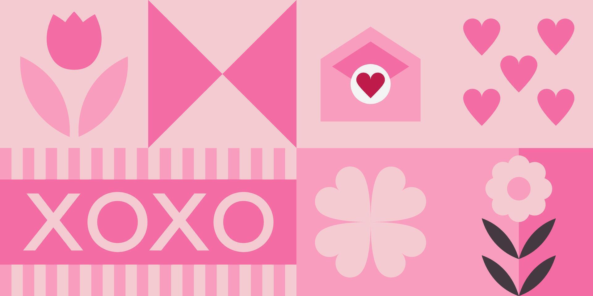 Retro hearts and flowers grid vector