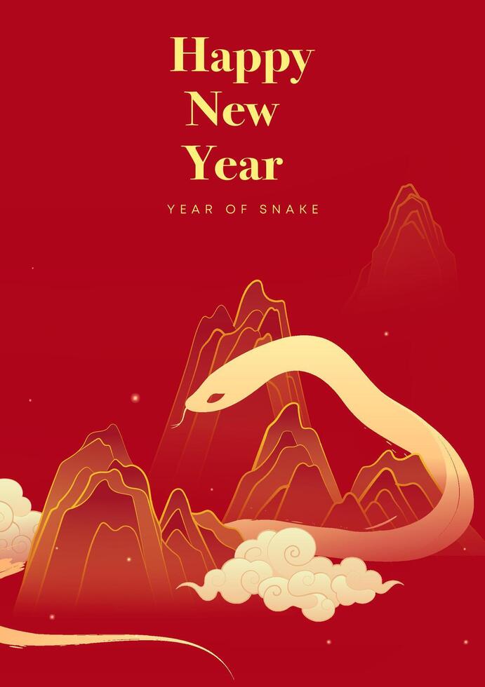 Spring Festival poster design a golden snake and moire between the mountains vector