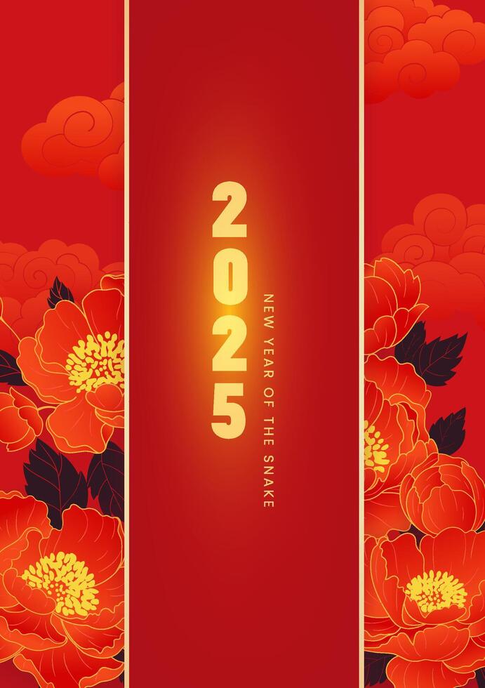 Spring Festival poster design red peony flowers and auspicious clouds vector