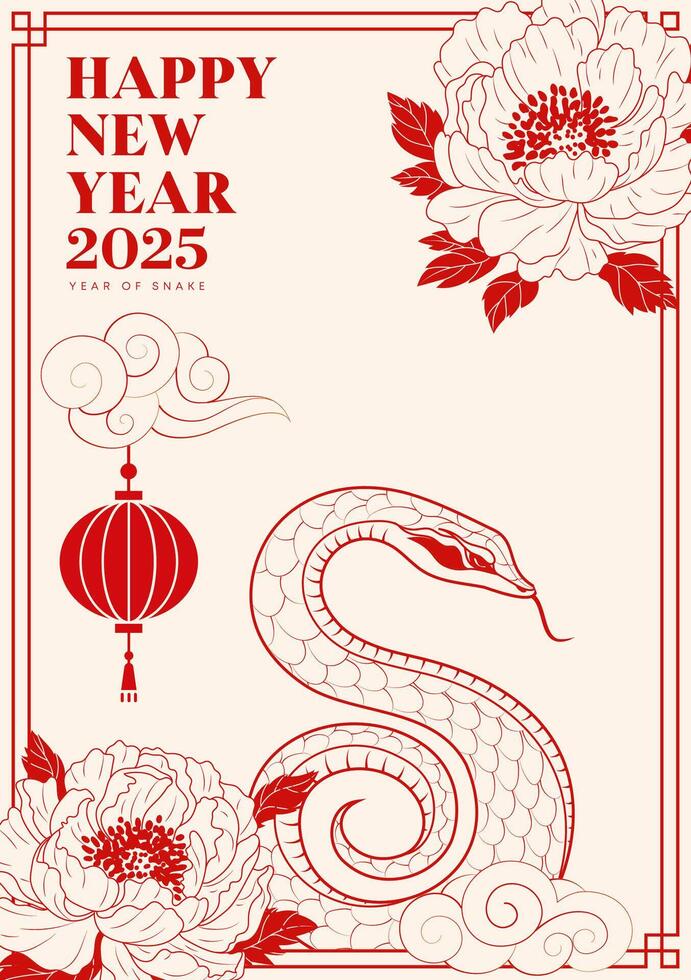 Spring Festival poster design linear snake year elements and peony flowers vector