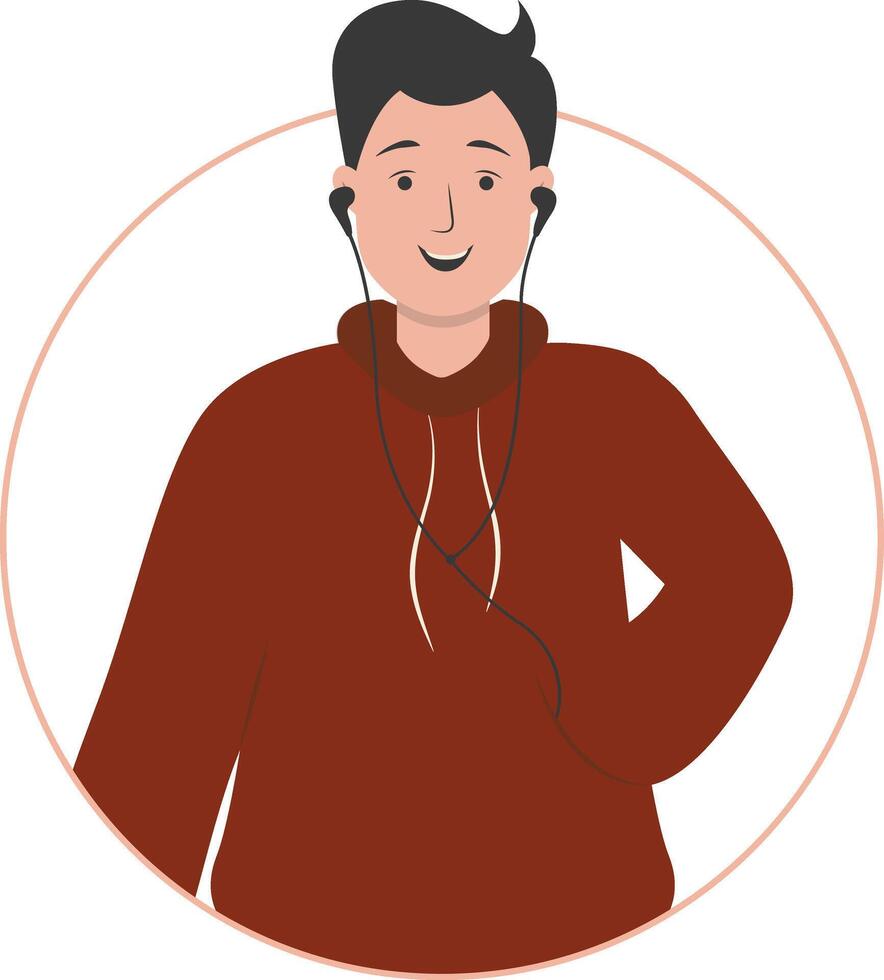 Man Listening Music Use Earphones with Dark Red Jacket vector