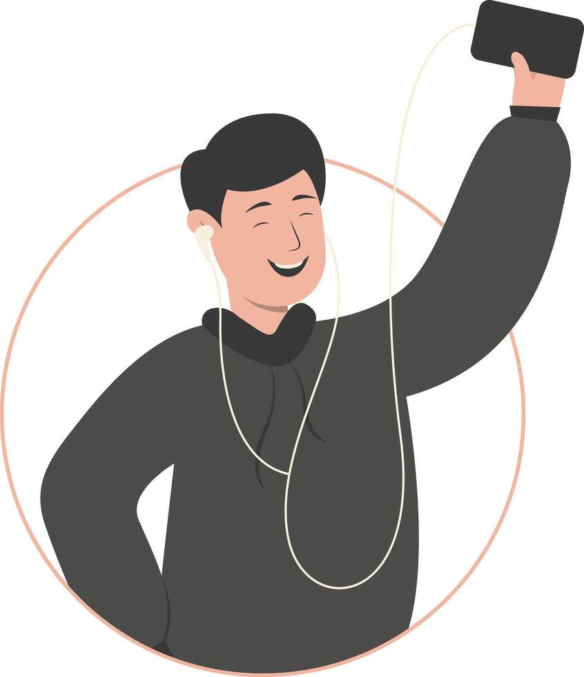 Man Listening Music Use Earphone in Smartphone vector