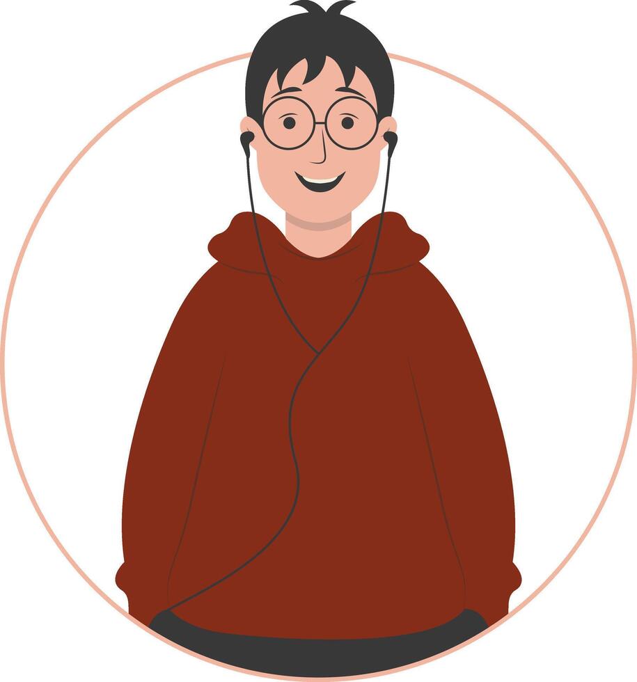 Man Listening Music Use Earphones with Dark Red Jacket vector
