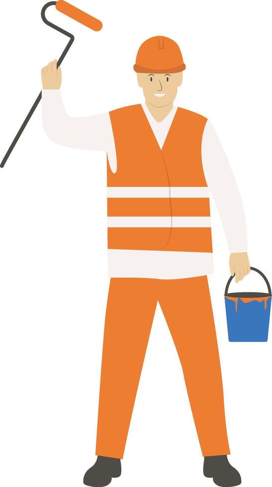 Construction Worker Holding Paint Roller and Paint Can vector